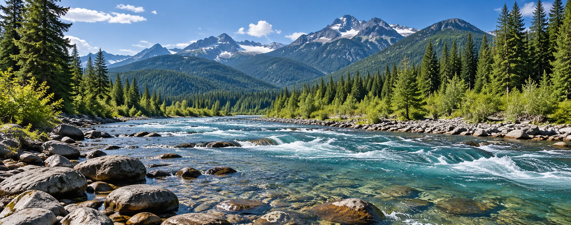 A clear river flowing past evergreen trees beneath Cascade mountain peaks.