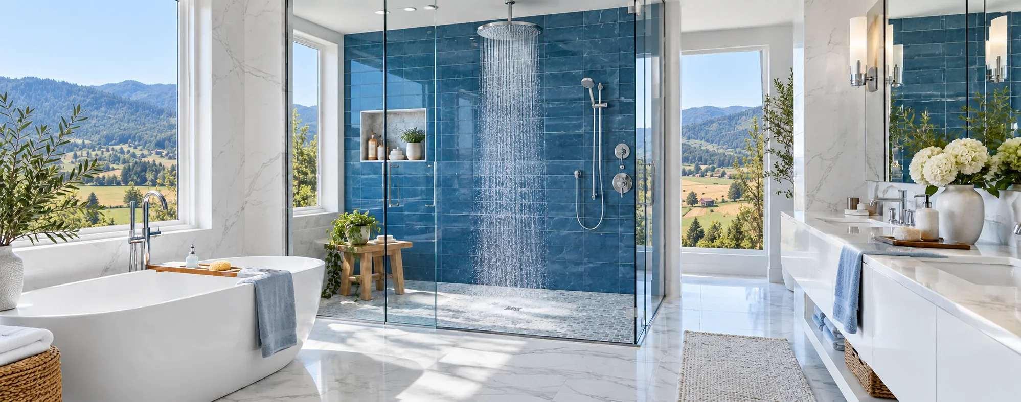 Household water fixtures with a blue-tiled shower and farmland views.