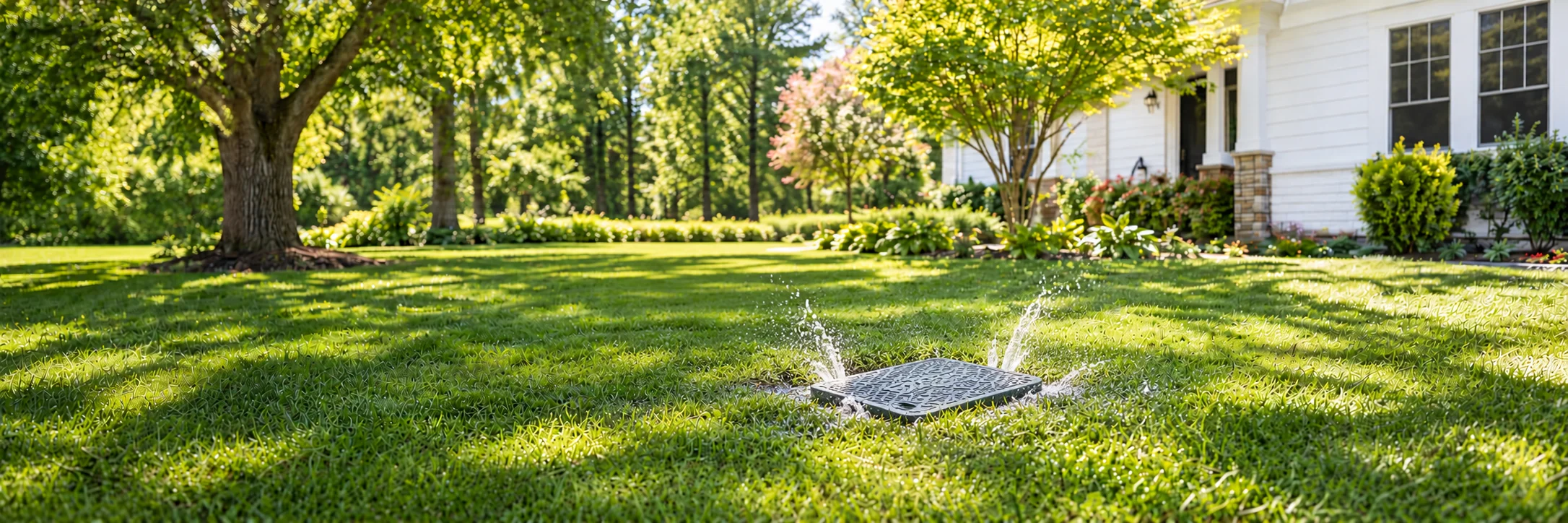 Water sprays from the edges of a closed water meter box in a green lawn, with trees and a white house behind it.